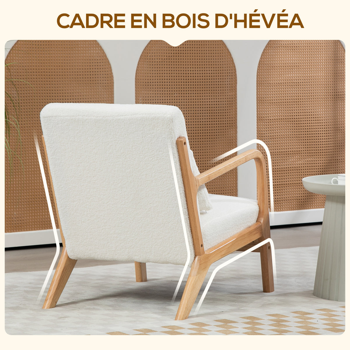 Fauteuil lounge - 3 coussins inclus - assise profonde - accoudoirs - structure bois hévéa - tissu bouclette crème-4