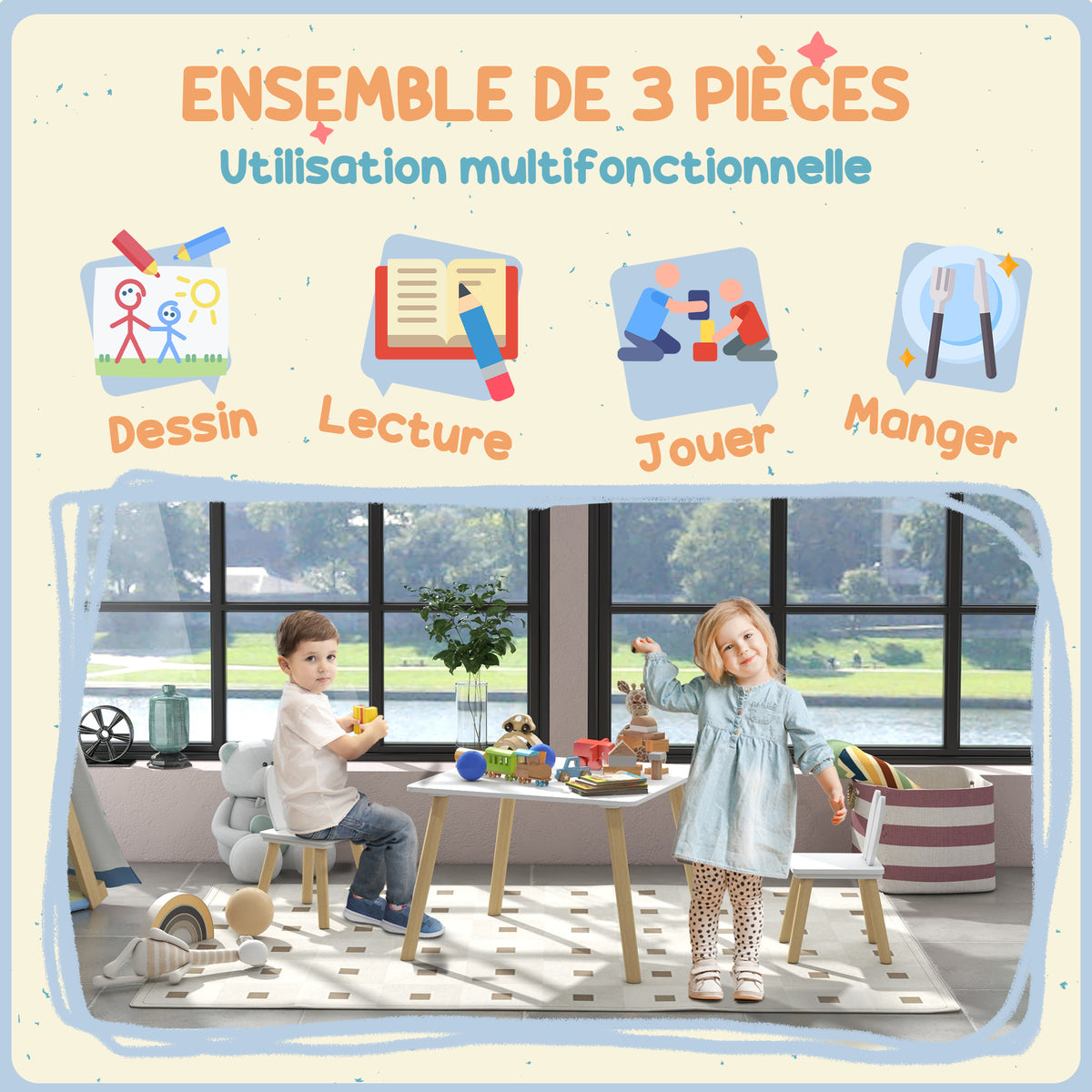 Ensemble table et 2 chaises enfant design scandinave motif oreille de lapin bois pin blanc-4