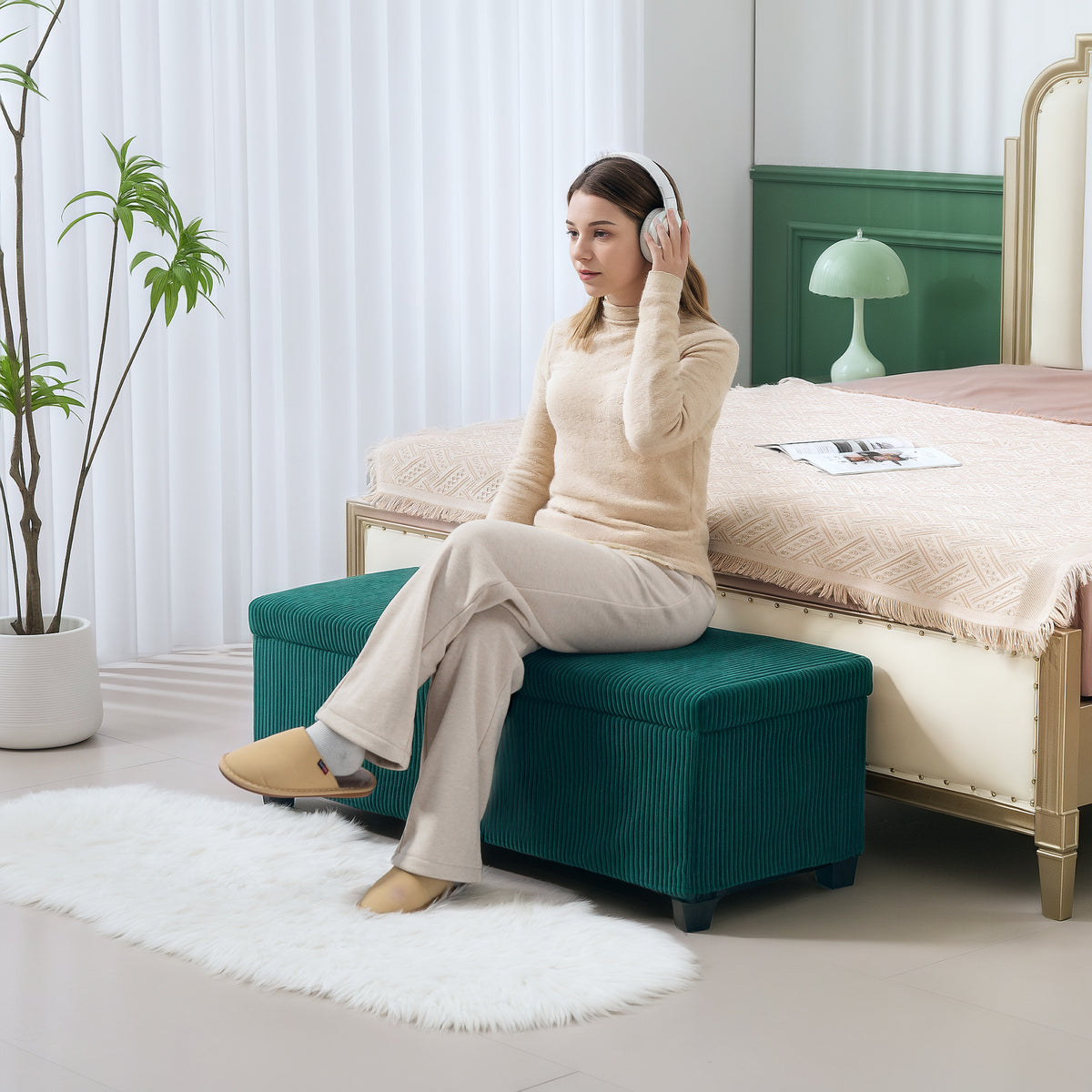 Banc de rangement bout de lit en velours côtelé avec couvercle, pour salon, chambre, entrée, 112 x 42 x 40 cm, vert-1