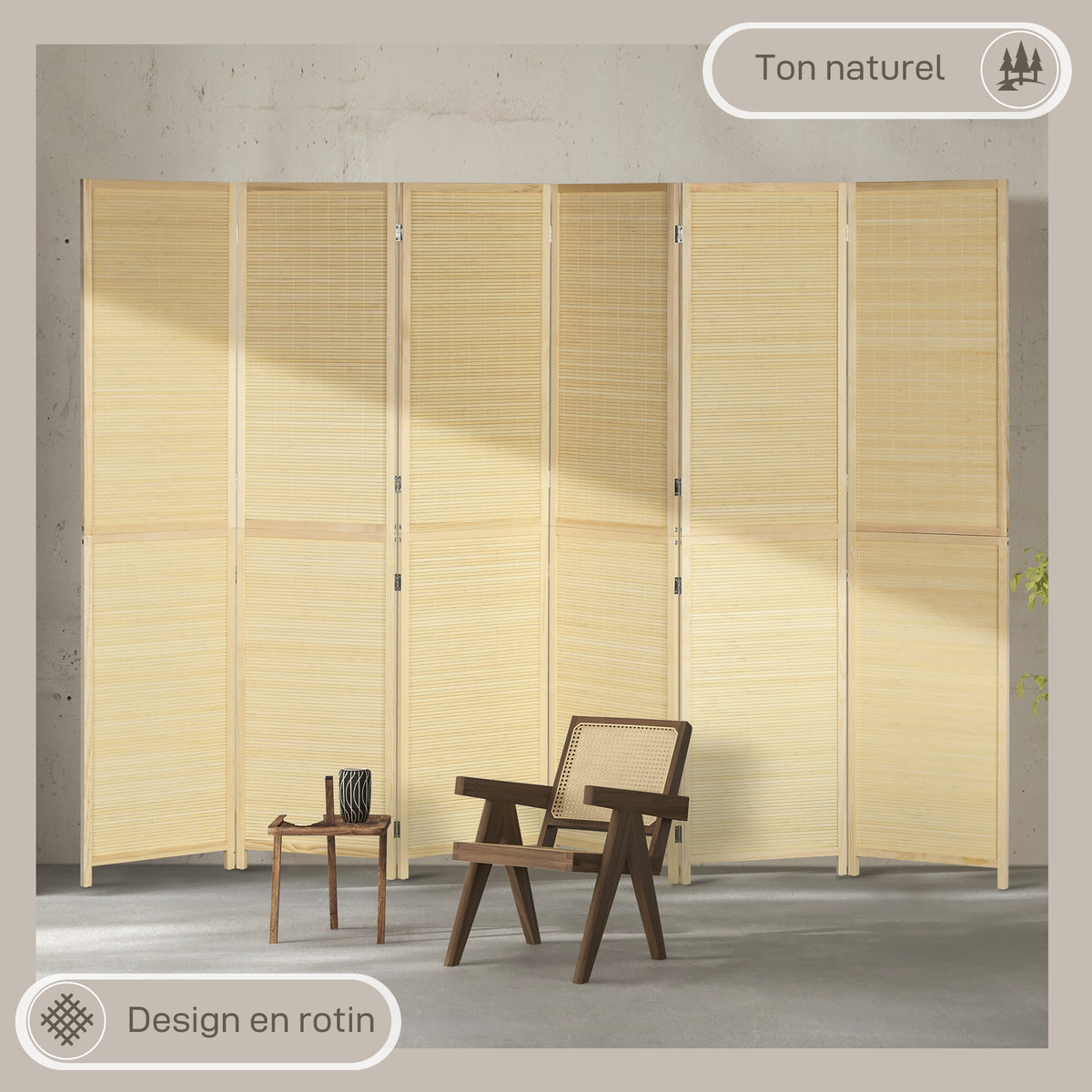 Paravent en bois de bambou 6 panneaux 270 x 180 cm séparateur de pièce cloison de séparation pliable - naturel-4