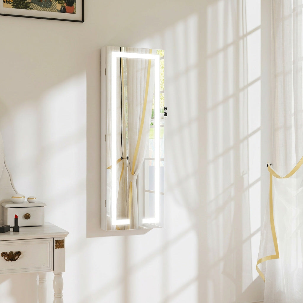 Armoire à bijoux avec LED, organisateur de bijoux mural/de porte verrouillable avec miroir, 37 x 10,5 x 108 cm, blanc-1