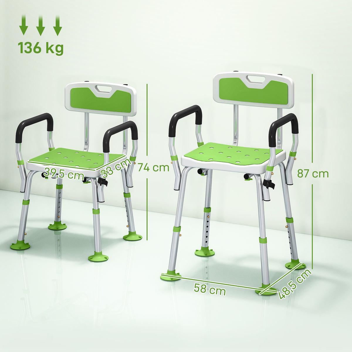 Tabouret de douche chaise de douche ergonomique hauteur réglable pieds antidérapants 56,5 x 53,5 x 87 cm blanc et vert-2