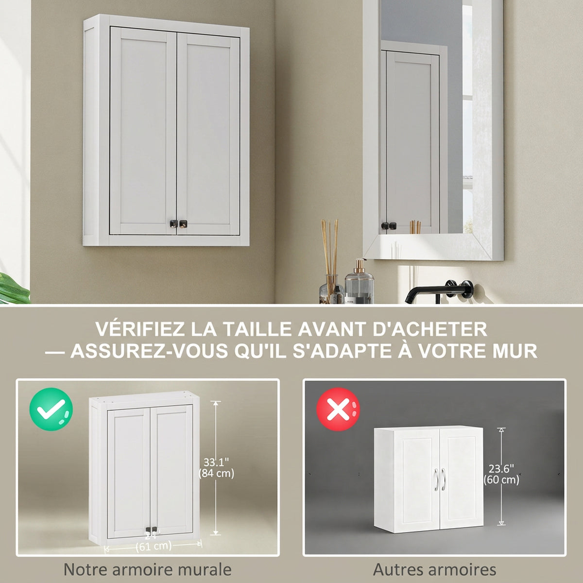 Armoire murale de salle de bain 3 niveaux, meuble de rangement suspendu 2 portes étagère réglable 61 x 20 x 84 cm blanc-3