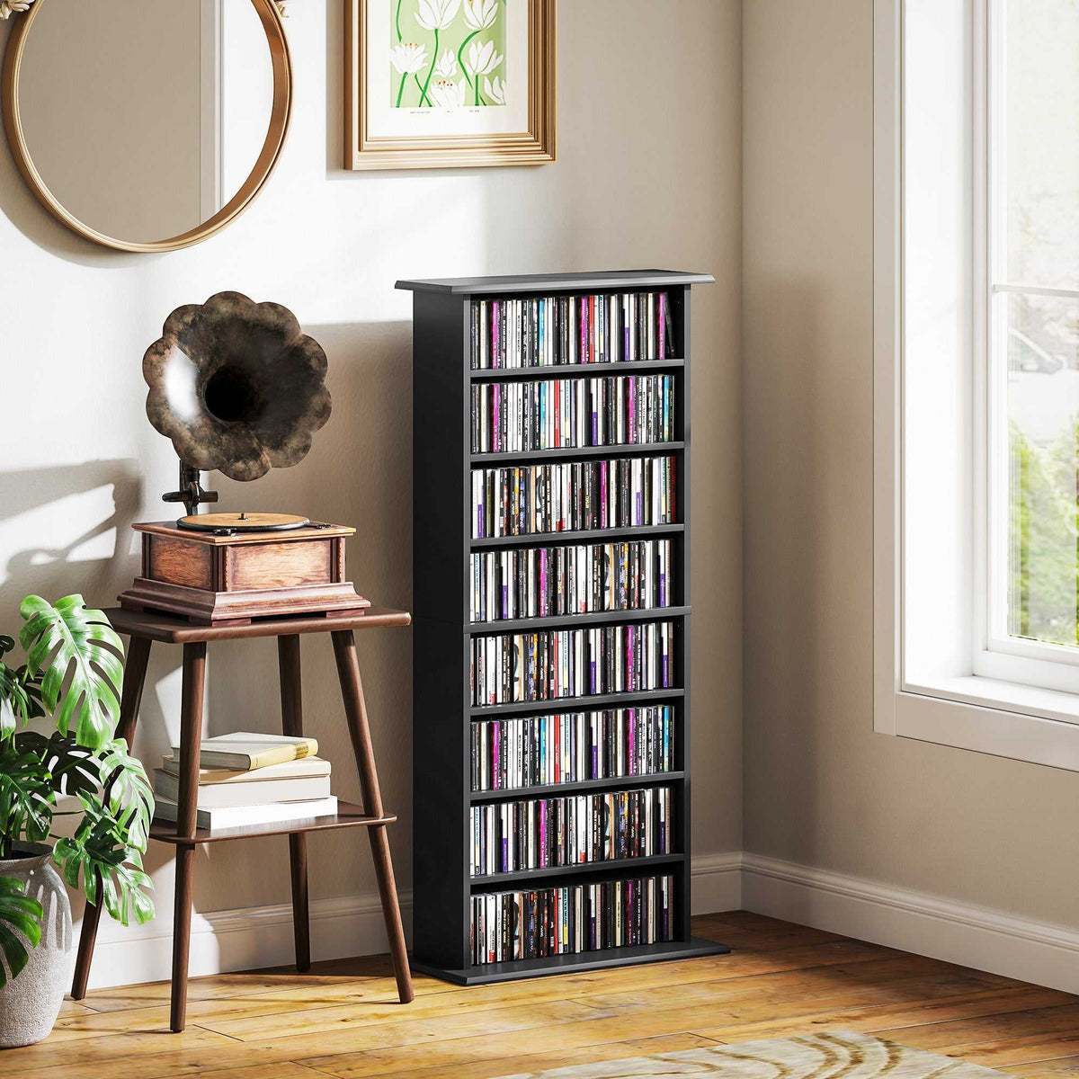Rangements pour CD et DVD avec 8 compartiments et 6 étagères réglables, capacité max. 360 CD/185 DVD et Blu-ray, noir-1