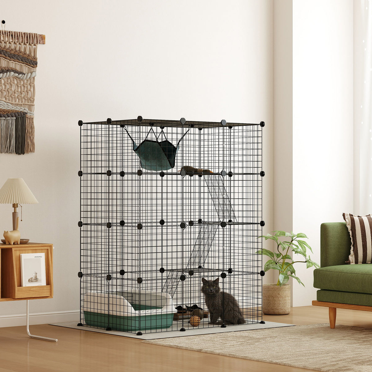 Cage pour chat d'intérieur parc pour chat en acier à 4 niveaux DIY avec 5 portes hamac 1-3 chats 105 x 70 x 140 cm noir-1