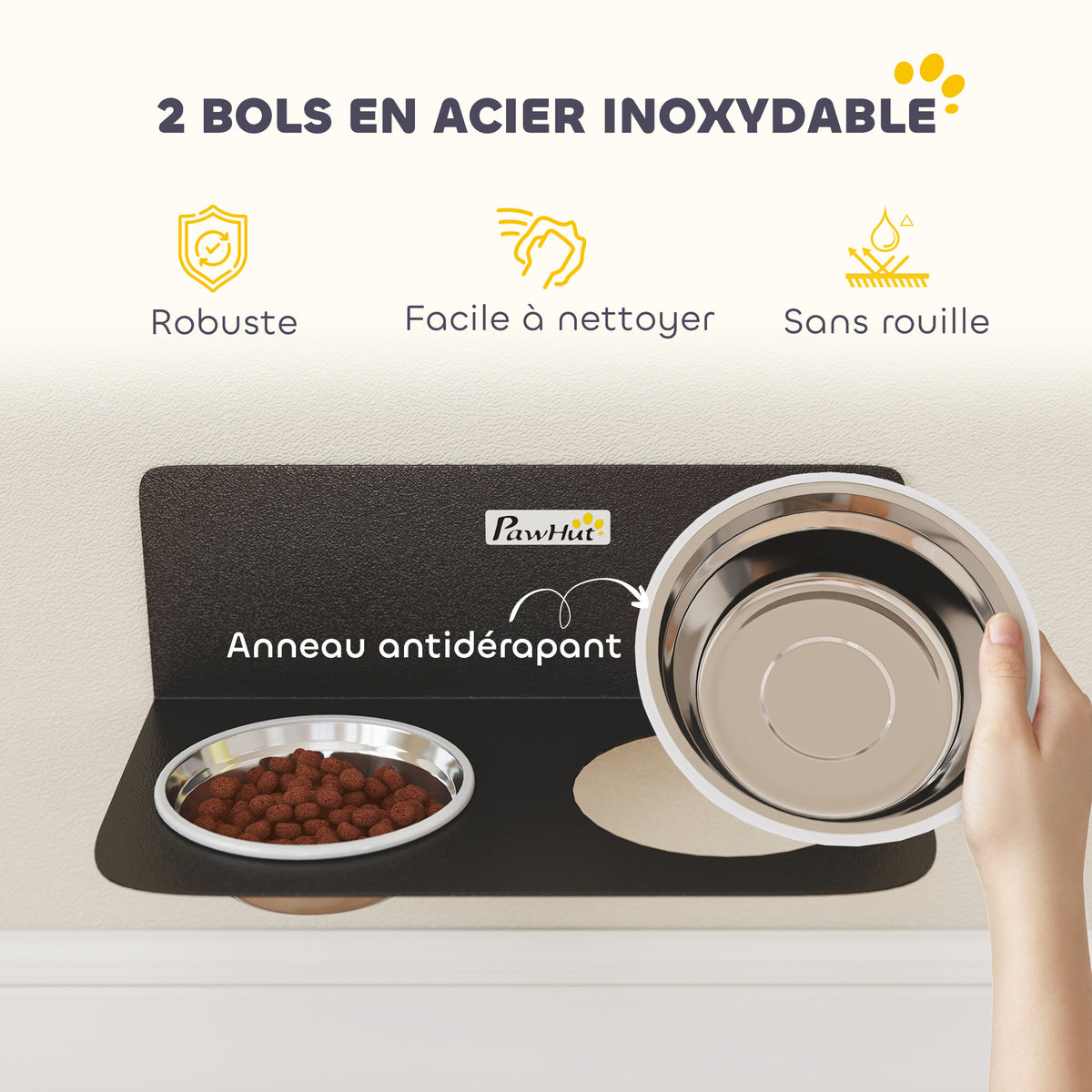 Gamelle Bol pour Chien Double Gamelle Support Mural 2 Bols Acier Inox 800ml Hauteur Réglable 42x23,5x14cm Noir-5