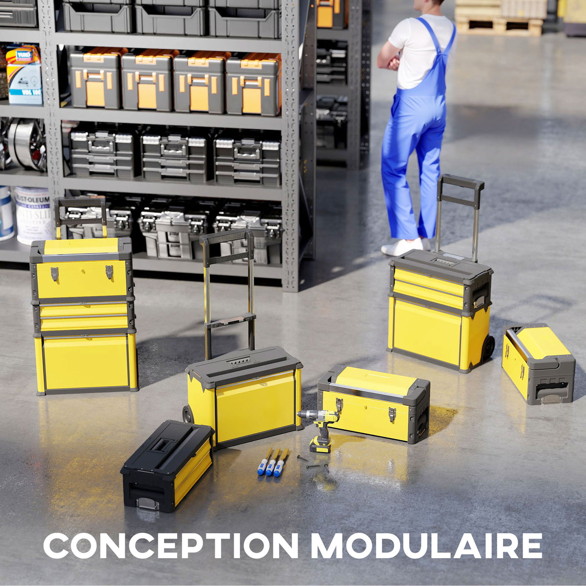 Lot de 3 boîtes à outils sur roulettes empilables et modulaires en acier avec plateau, poignées et serrure, jaune-3