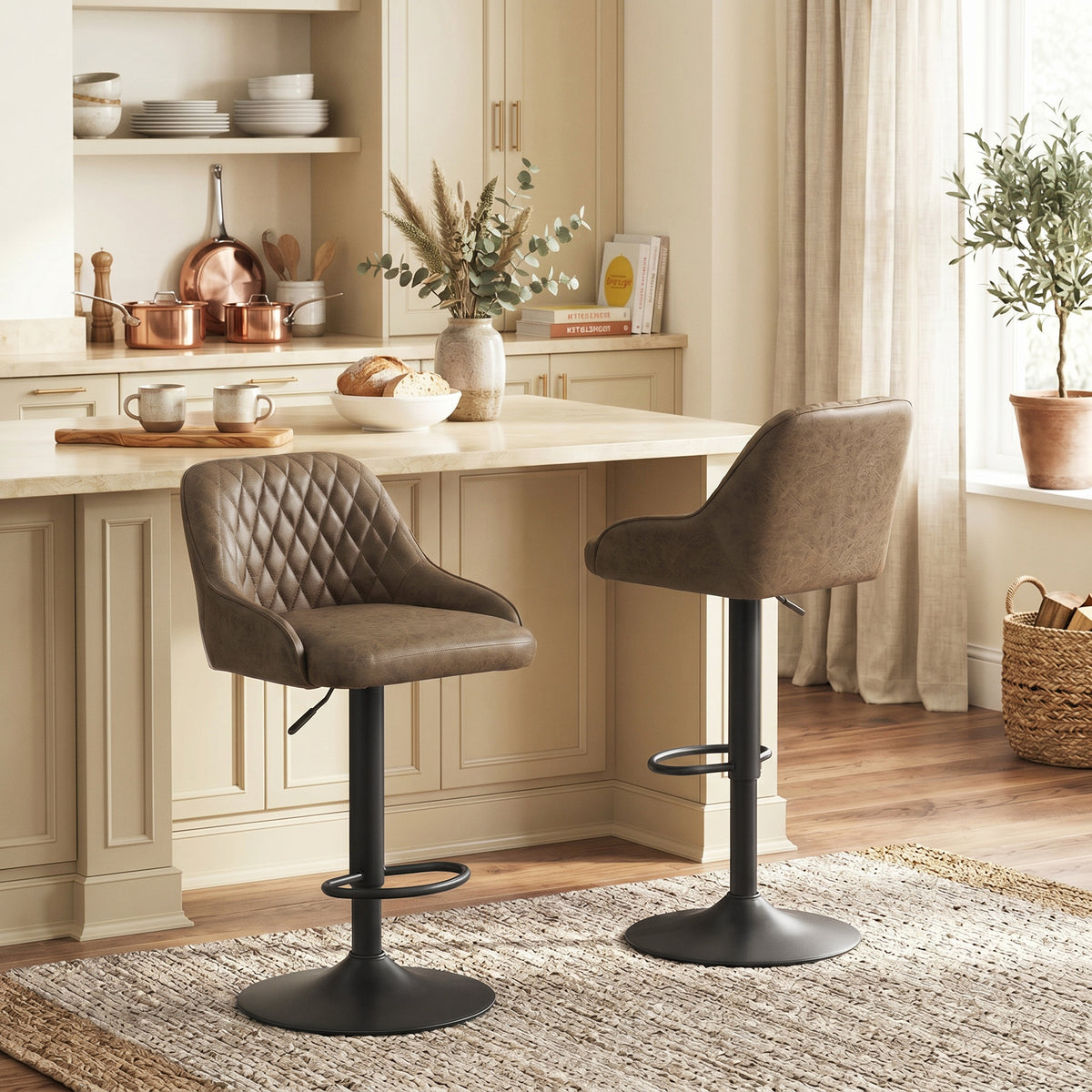 Lot de 2 Tabourets de Bar, Tabourets Hauts Cuisine avec Siège Pivotant et Hauteur Réglable, Marron Foncé-7