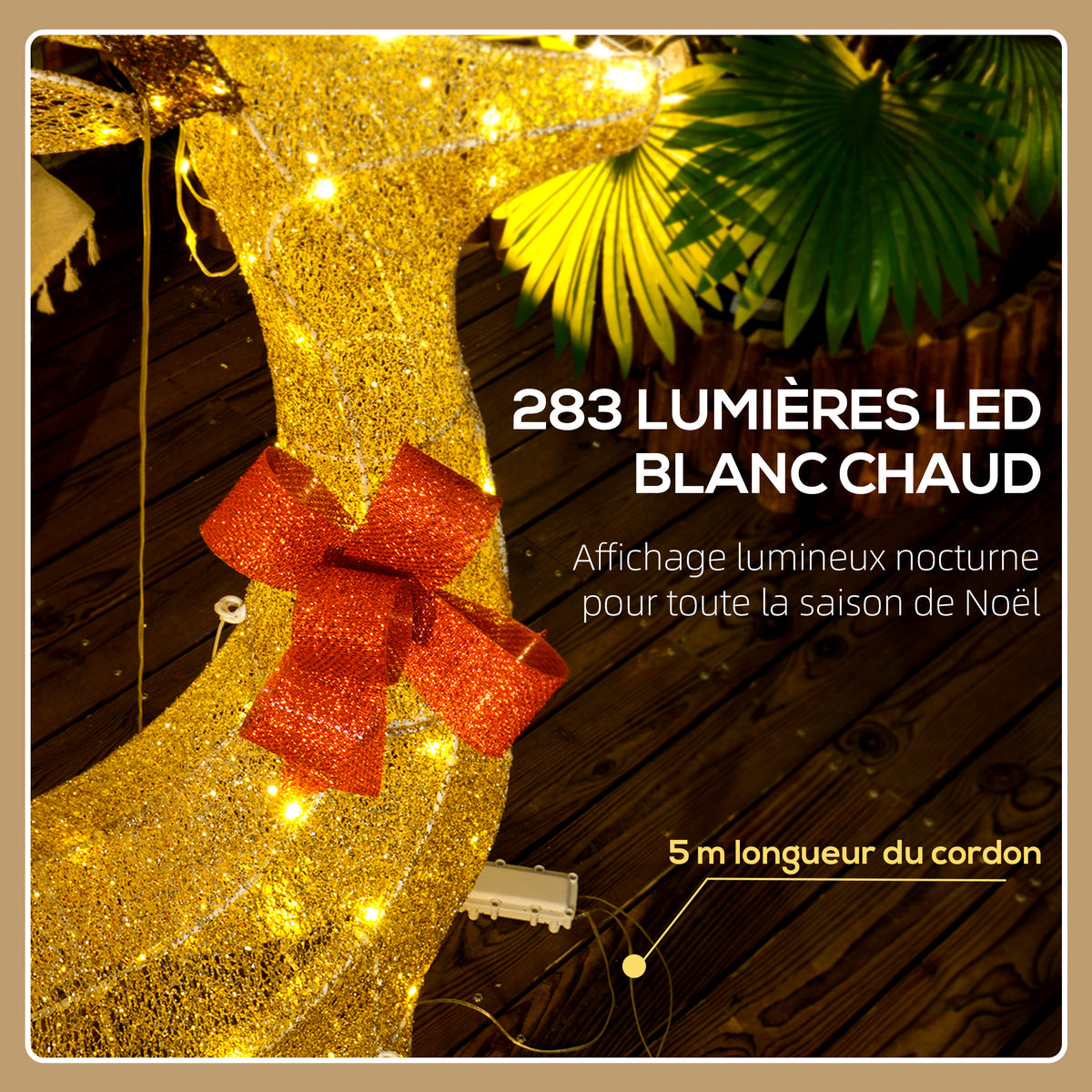 3 cerfs lumineux Noël, en forme de famille de cerfs, rennes lumineux Noël, en acier, 283 LED blanc chaud, or-4