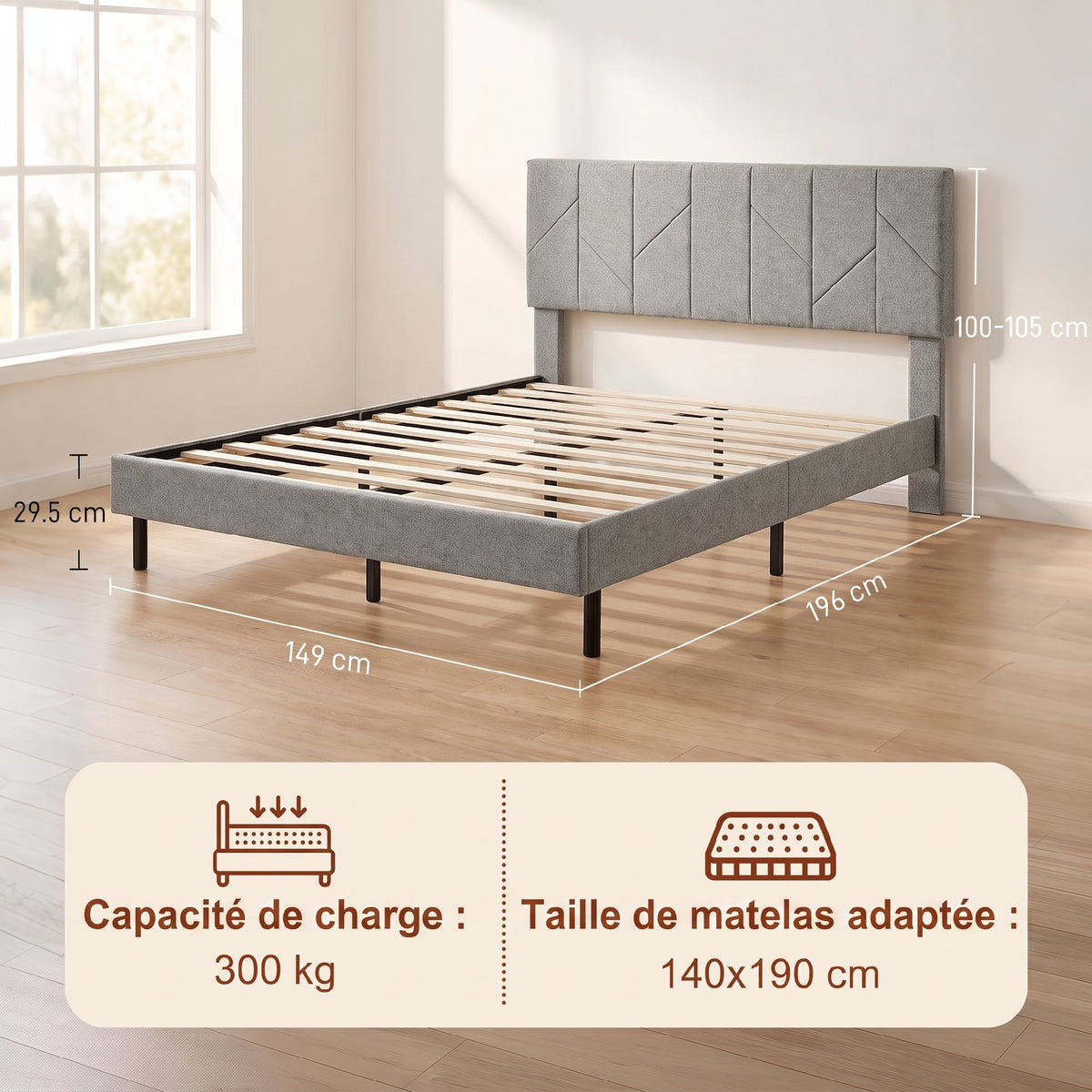 Cadre de Lit 140 x 190 cm avec Sommier et Tête Réglable, Lit Double Rembourré en Lin, Rangement au-dessous, Gris-2