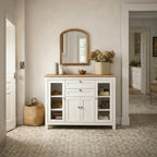 Buffet salon, meuble de rangement avec 1 placard double porte, 2 placards à porte vitrée, 2 tiroirs et étagère réglable, style moderne, buffet salle à manger et cuisine, 120x40x90cm, blanc-1