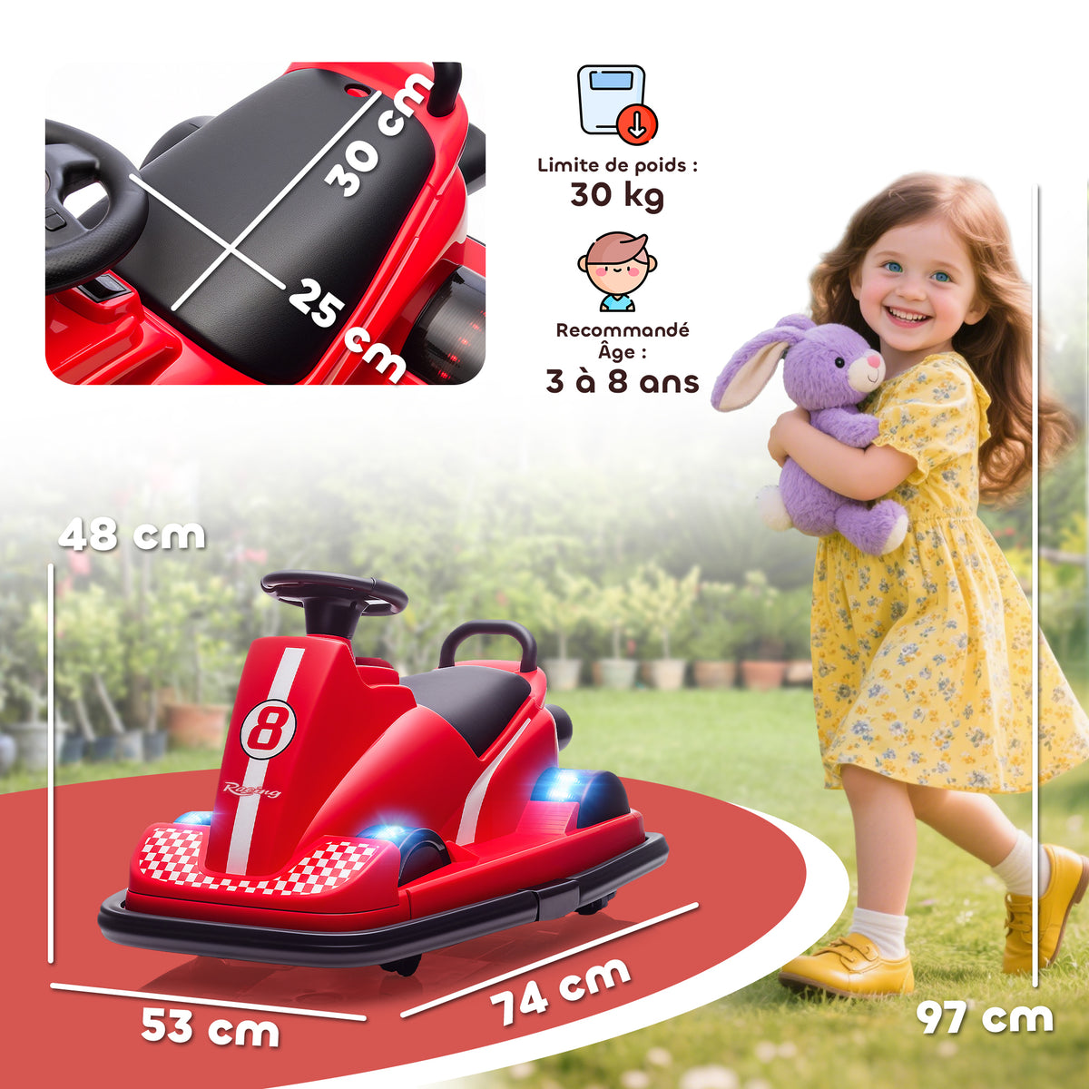 Auto-Tamponneuse Enfant 6V, Rotation à 360°, Musique, Klaxon, Démarrage Doux, 2,5 km/h, pour Âges 3-8, 74x53x48cm, Rouge-2