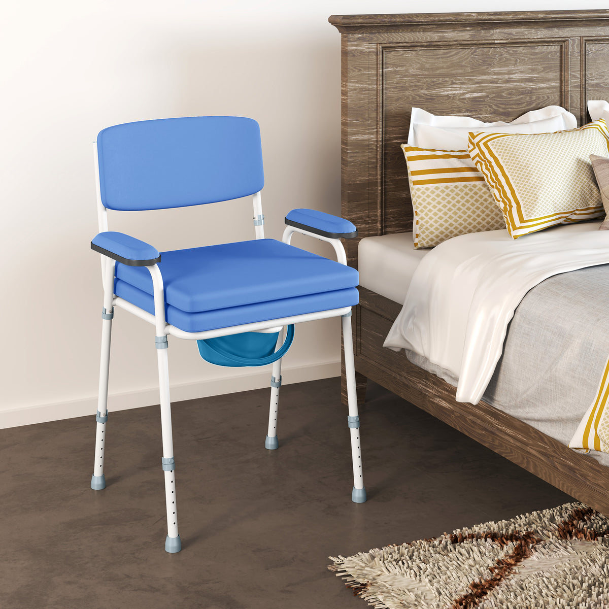 Chaise percée toilette multifonctions seau amovible hauteur réglable avec dossier siège et accoudoirs rembourrés bleu-1