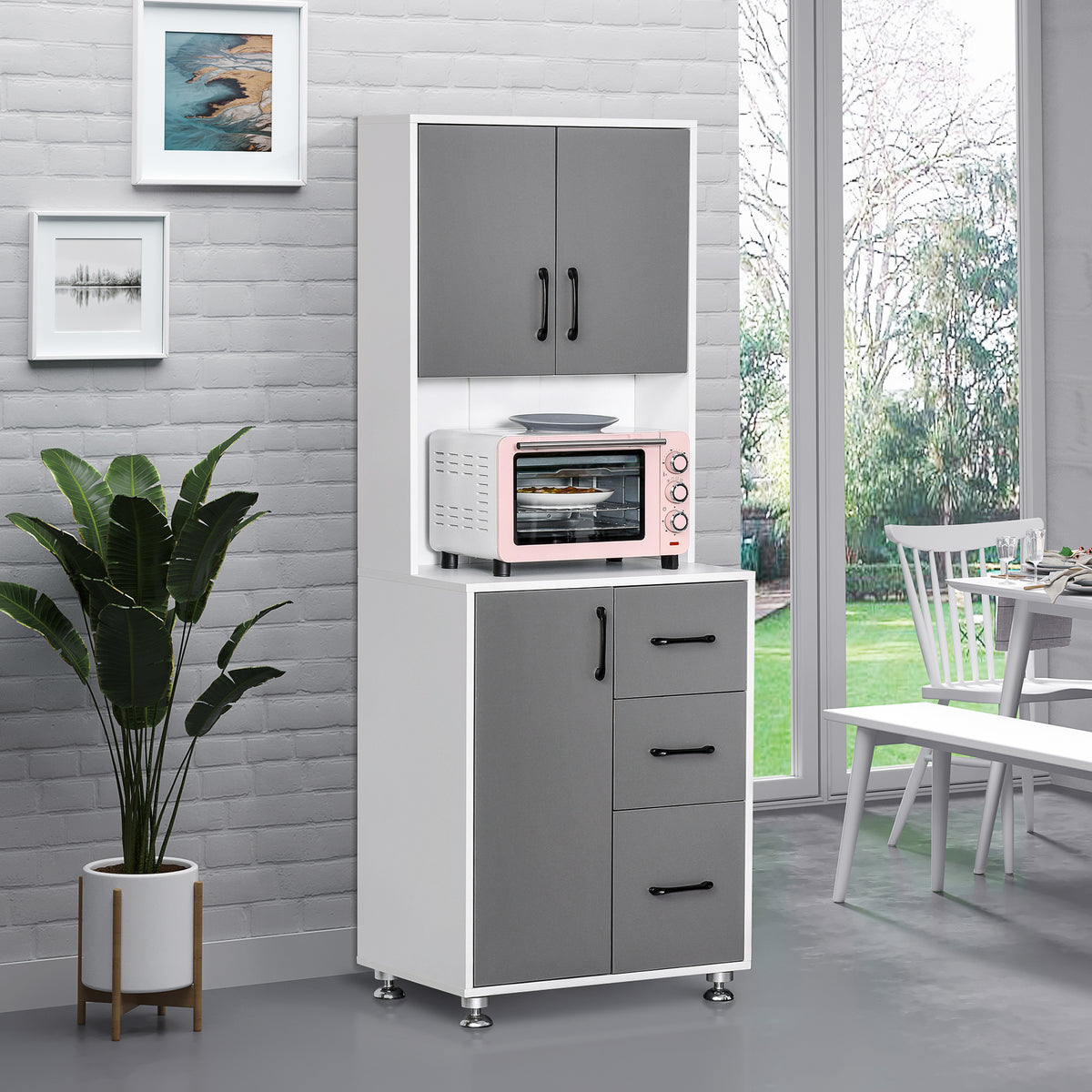 Buffet haut cuisine, armoire de cuisine, vaisselier avec 3 portes, 3 tiroirs et plan de travail, meuble de rangement pour salon, salle à manger, style moderne, 60 x 40 x 160 cm, gris-1