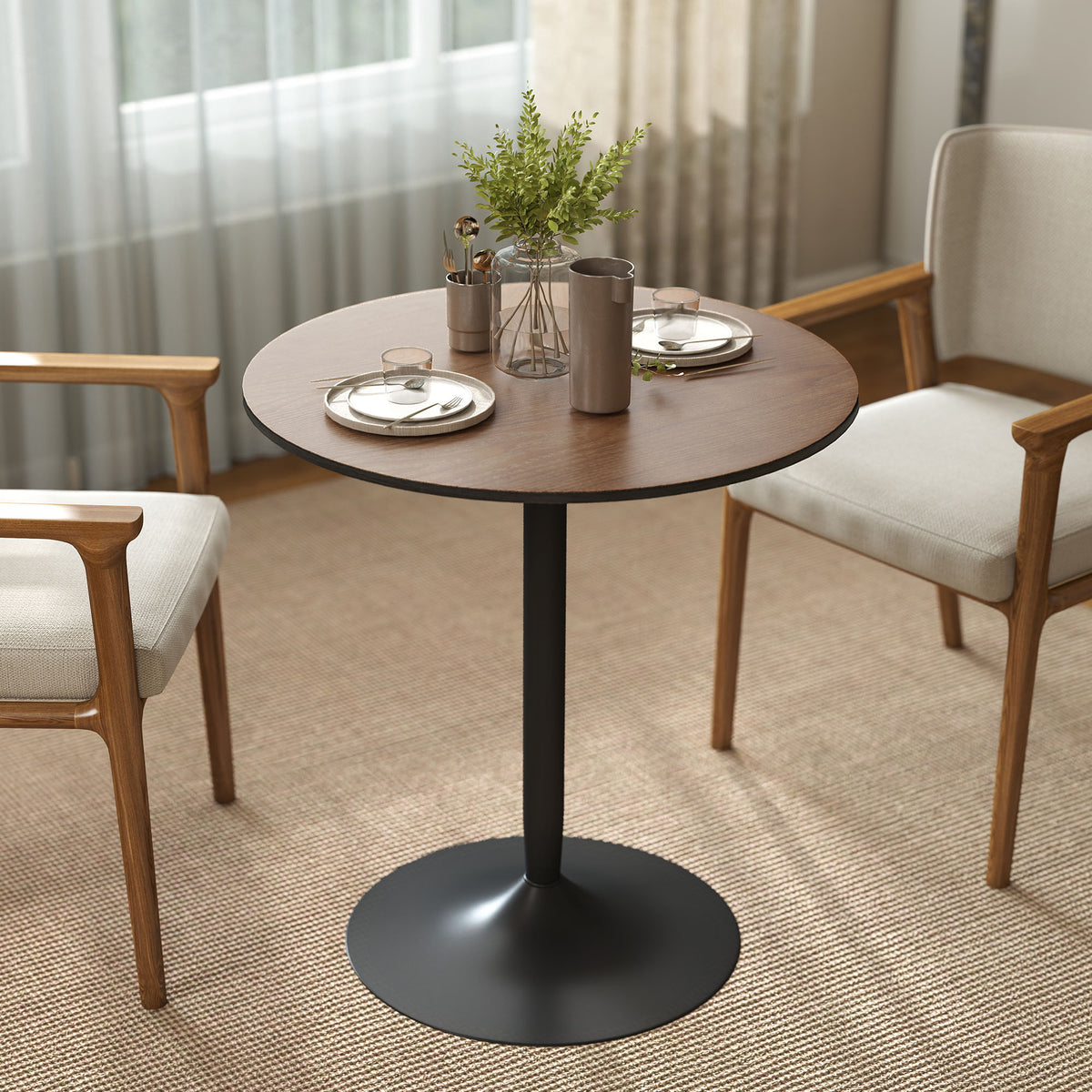 Table à manger ronde 70 cm pour 2 personnes avec plateau en placage de bois massif et piétement en acier marron-8