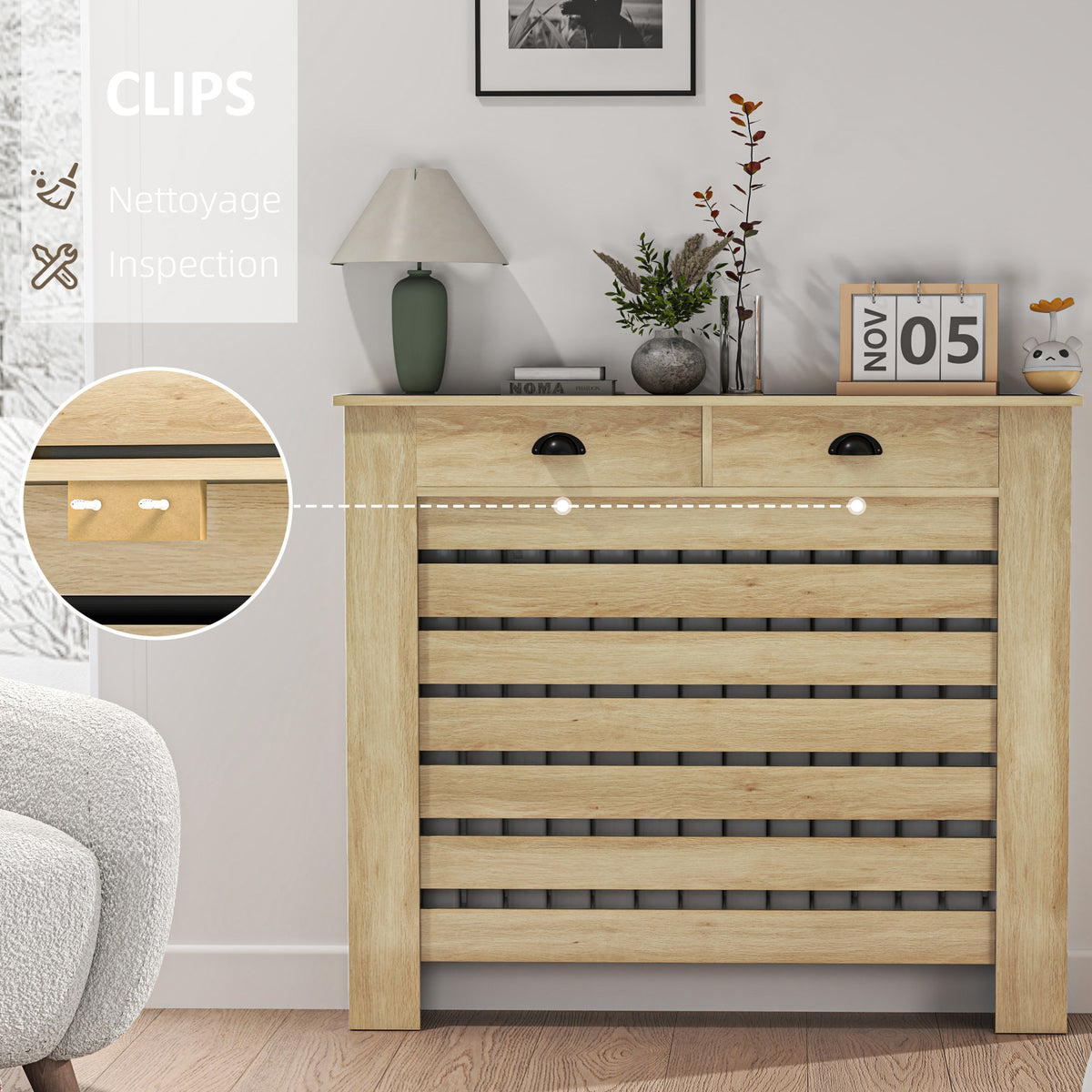 Couvercle de radiateur cache radiateur grille à lattes horizontales avec 2 tiroirs en bois 111l x 19P x 95,5H cm chêne-4