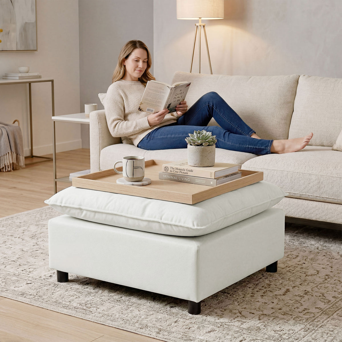 Repose pied salon carré, ottoman avec pieds en plastique, pouf salon pour chambre à coucher, entrée, 75x75x40 cm, gris-5
