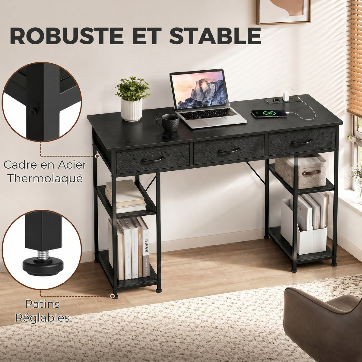 Bureau avec rangement avec prises de courant, 3 tiroirs en tissu et 4 étagères de rangement, 120 x 40 x 76 cm, noir-6