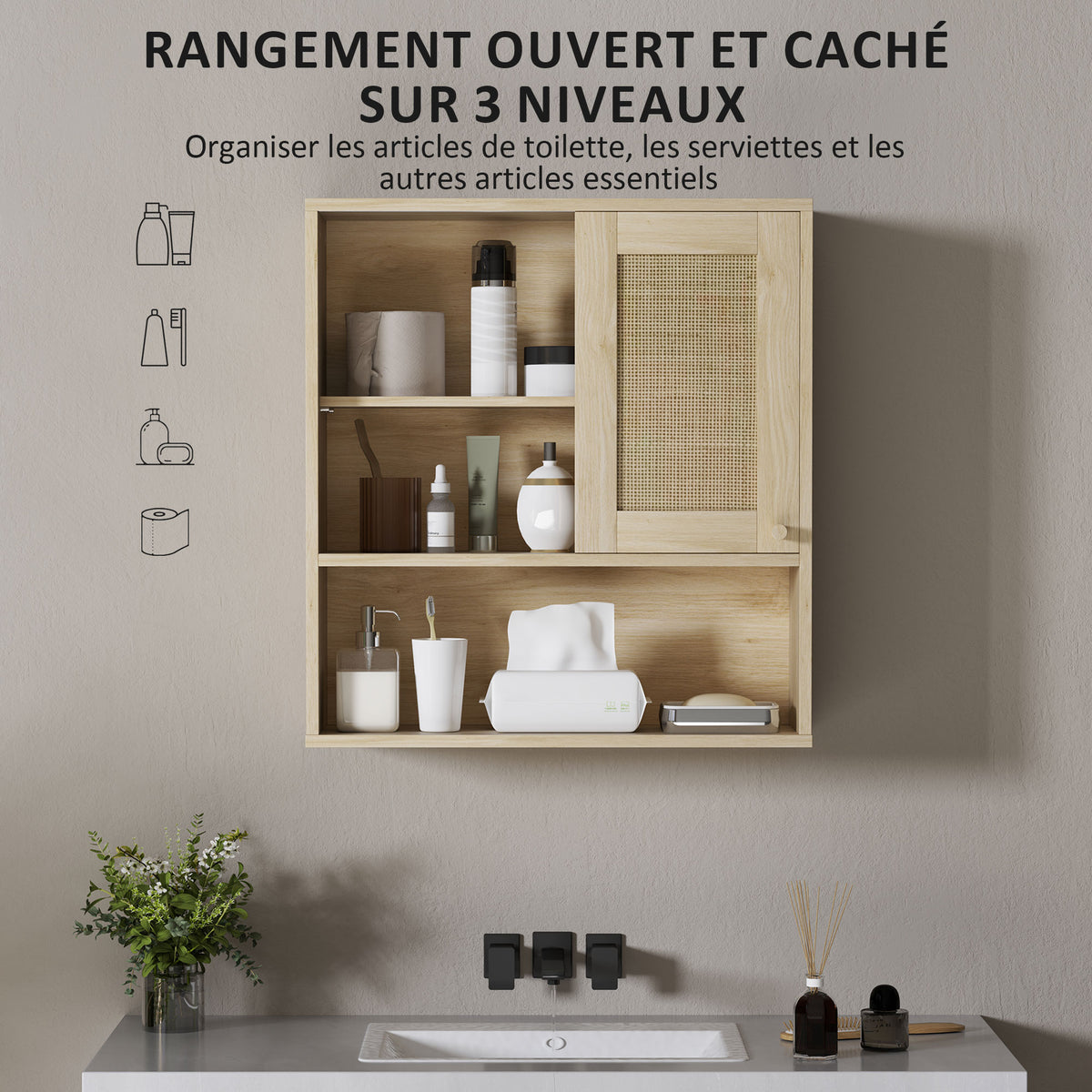Armoire murale, meuble haut salle de bain avec porte coulissante en rotin et étagères ouvertes, bois naturel-4
