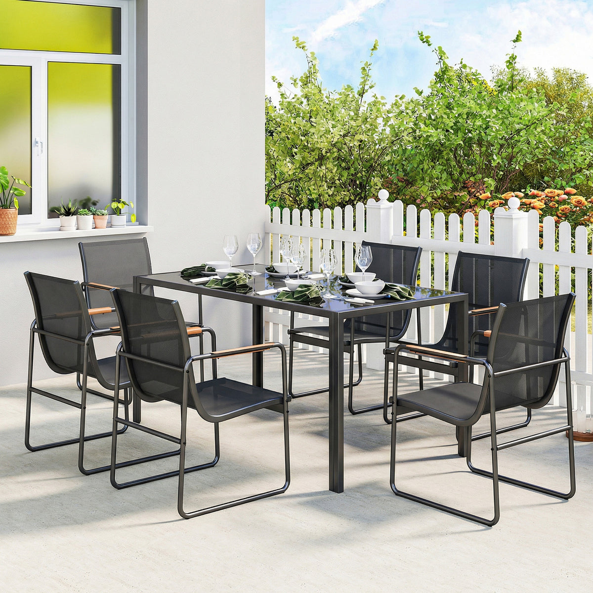 Ensemble de Salle à Manger d'Extérieur 7 Pièces pour 6 Personnes, Table en Verre et Chaises avec Accoudoirs Décoratifs, Maille Résistante aux Intempéries, Noir-1