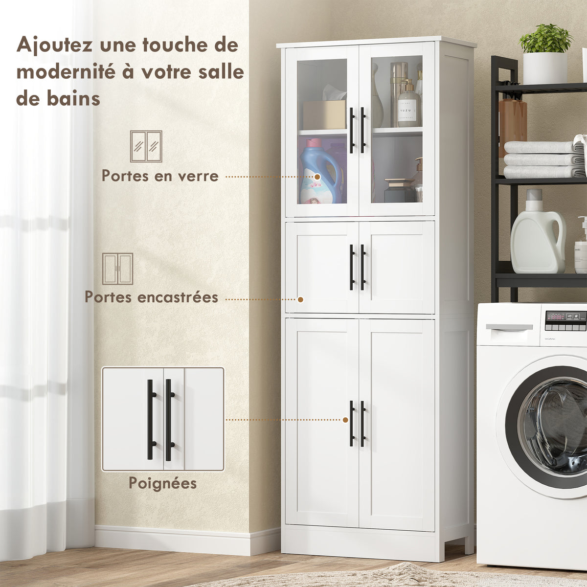 Meuble de salle de bain, meuble de rangement 6 niveaux, 6 portes dont 2 vitrées, étagères réglables, 60x30x170cm, blanc-3