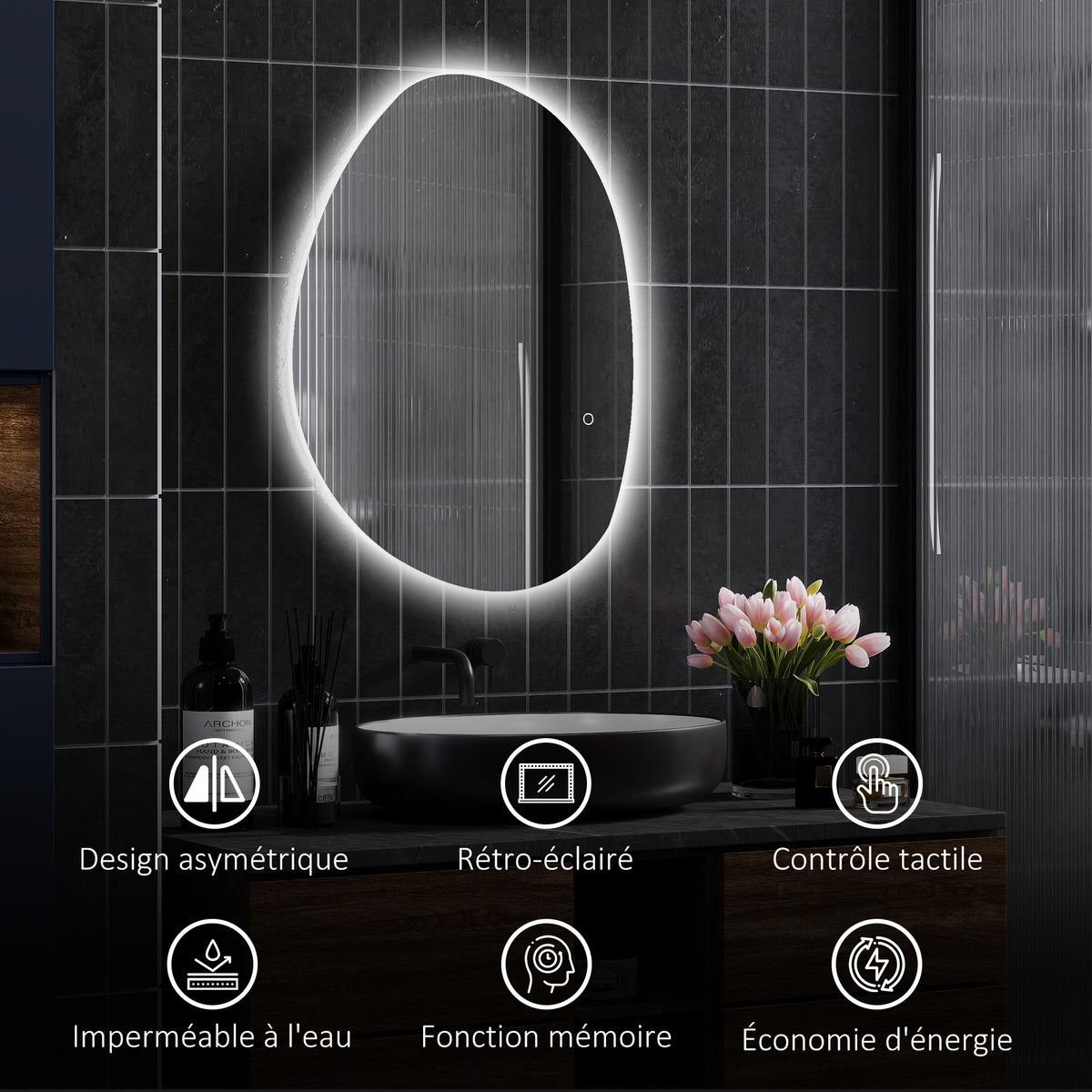 Miroir salle de bain avec éclairage LED 80 x 60 cm, miroir lumineux mural avec antibuée, mémoire, IP44, argenté-7