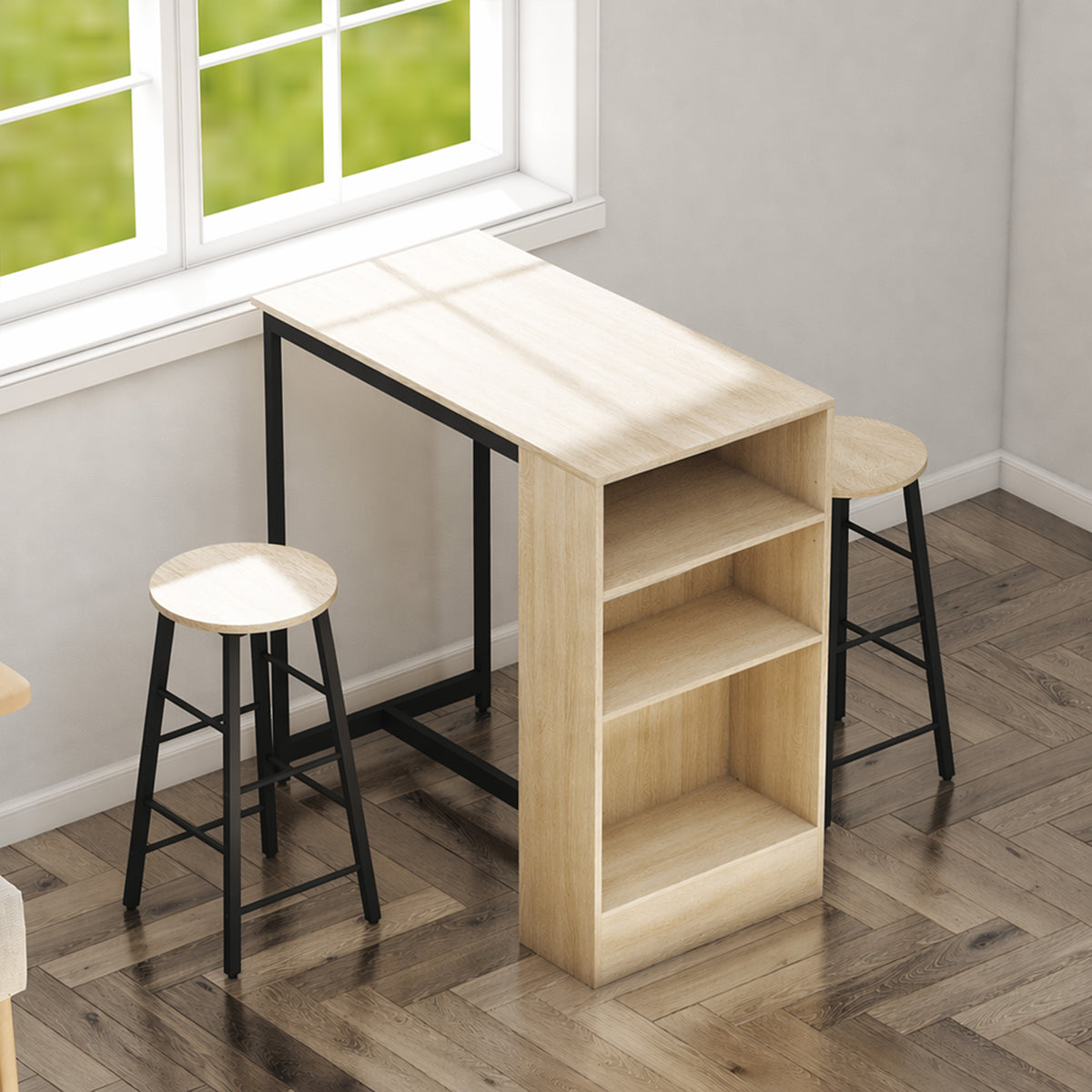 Ensemble table de bar avec tabourets, compartiments ouverts, étagère réglable et repose-pieds, chêne et noir-1