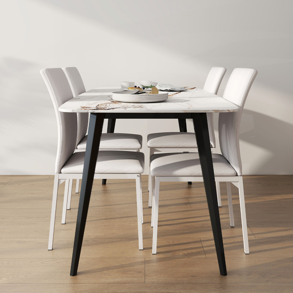 Lot de 4 chaises de salle à manger, chaises de cuisine, capitonnage rhombique et pieds en métal, 41x50x91cm, blanc-1