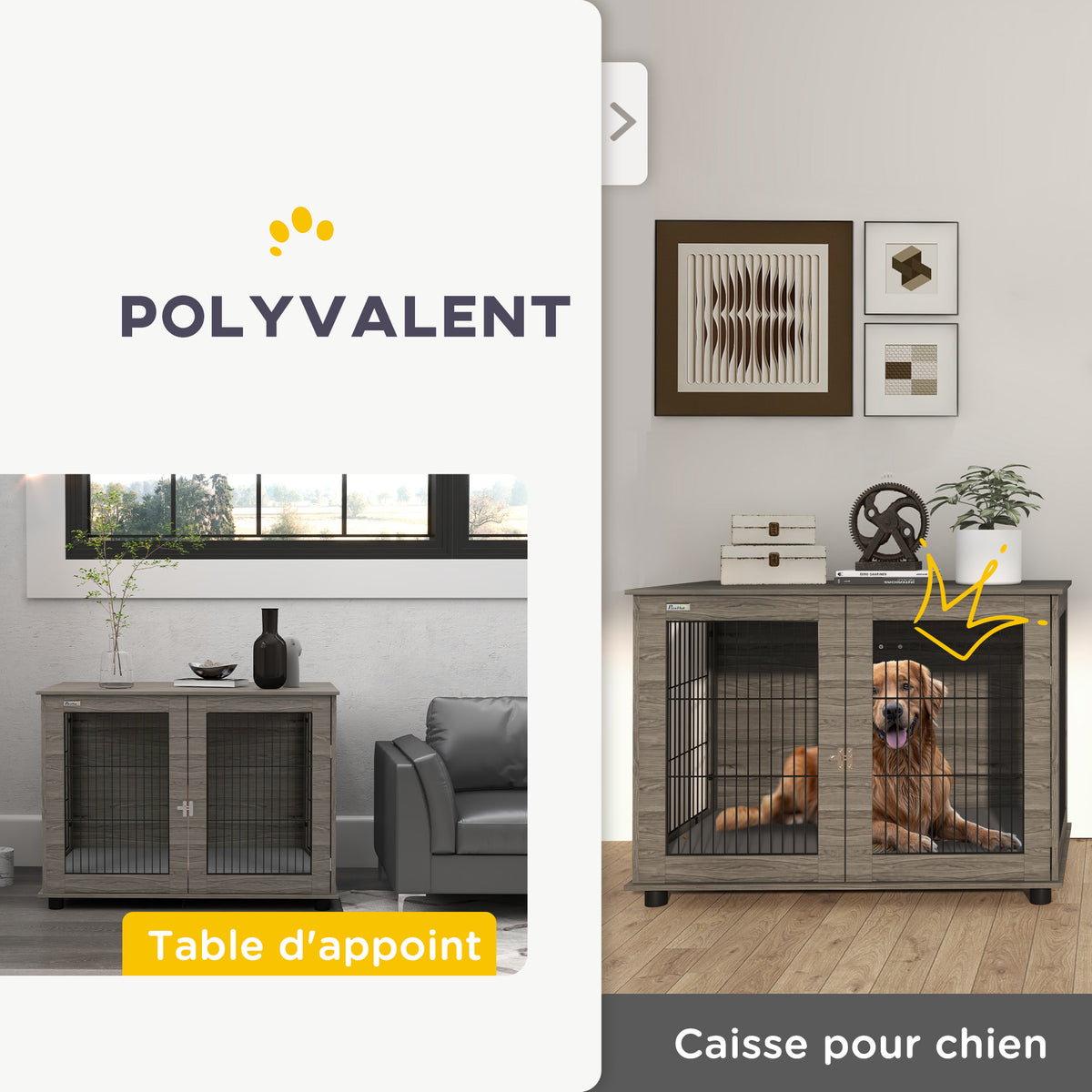 Cage pour chien 2 en 1 table d'appoint avec coussin en peluche déhoussable porte verrouillable 100 x 60 x 73,5 cm gris-4