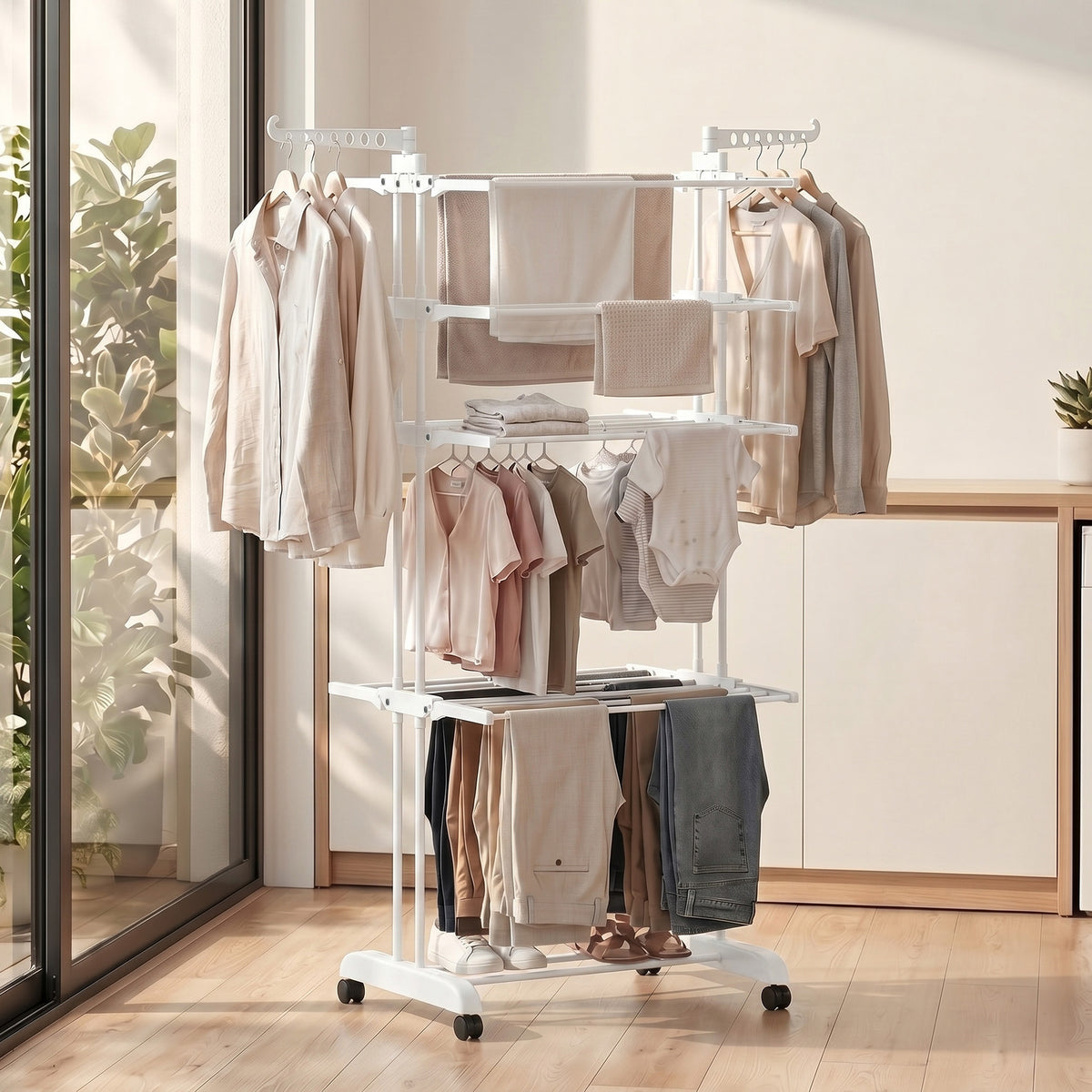 Séchoir à linge pliable 4 niveaux avec roulettes, étendoir linge intérieur avec ailes latérales, cadre en acier, blanc-1