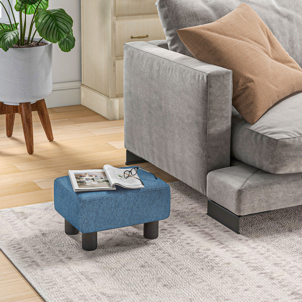 Pouf repose-pied tabouret bas en tissu de lin capacité de charge 110 Kg 40 x 30 x 24 cm bleu foncé-9