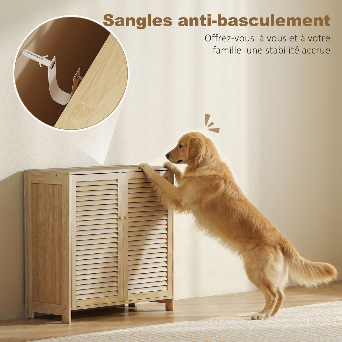 Meuble à chaussures en bambou 14 paires, armoire à chaussures avec portes persiennes et étagères réglables, bois naturel-8