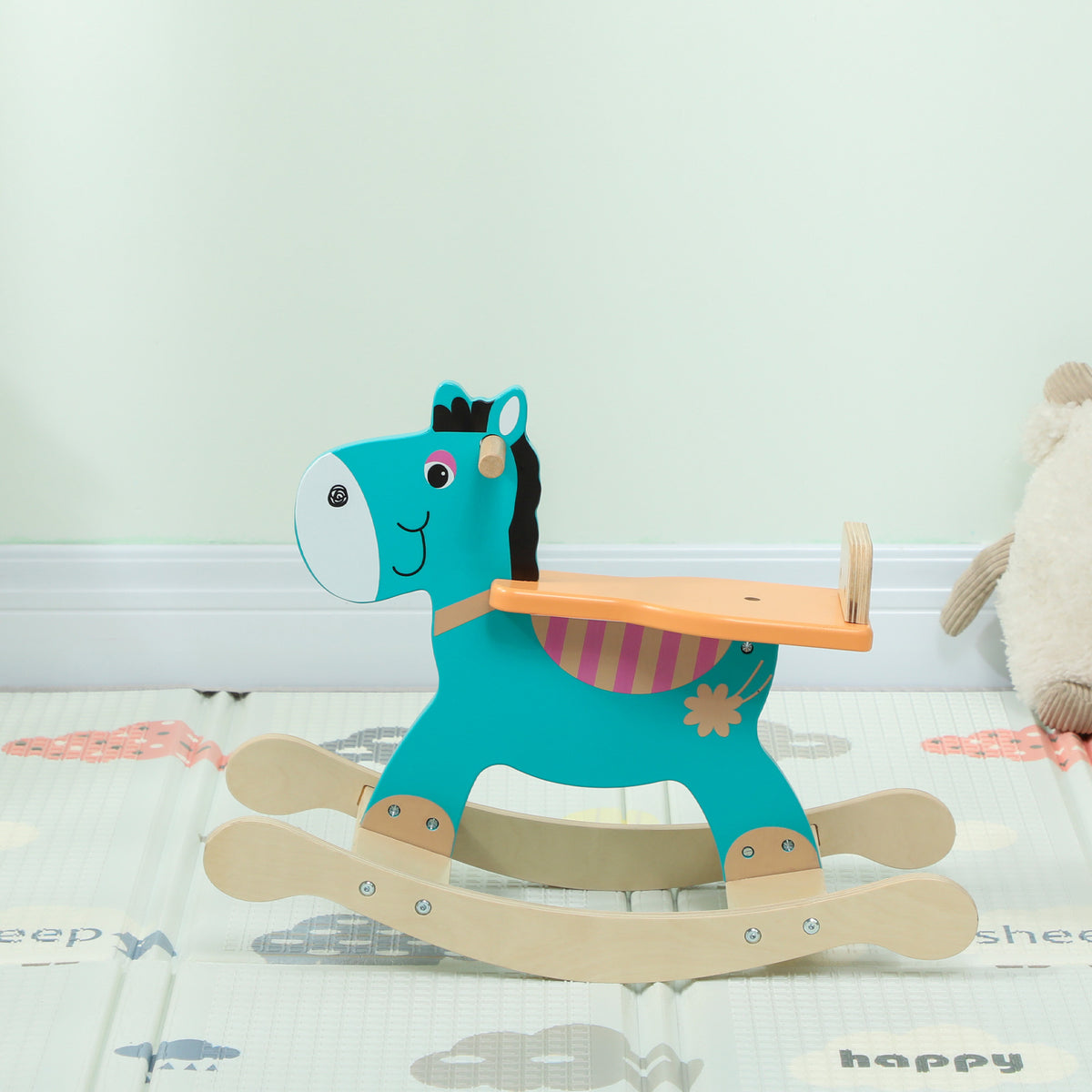 Cheval à bascule pour enfants, âne jouet à bascule bébé en bois avec guidon et base stable, 59 x 27 x 43 cm, vert foncé-7