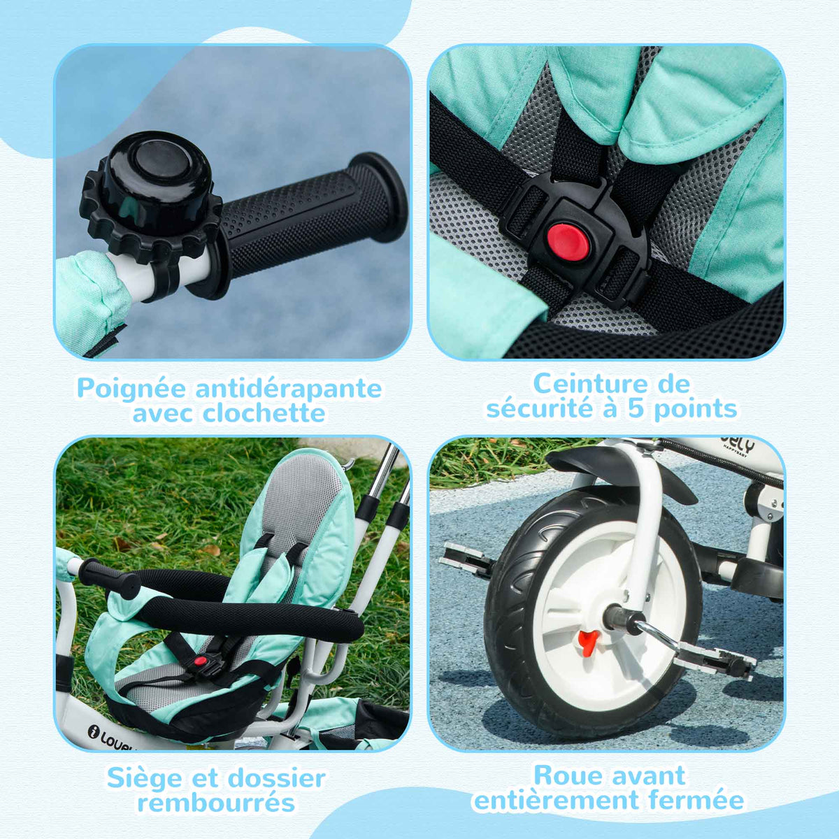 Tricycle 6 en 1 pour enfants, auvent, ceinture de sécurité 5 points, rangement, repose-pieds, frein, 1-5 ans, vert-6