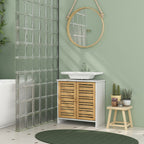 Meuble sous vasque de salle de bain 2 portes étagère réglable armoire de rangement pour lavabo 60x30x60 cm bambou blanc-9