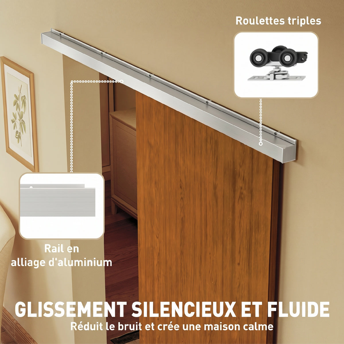 Porte Coulissante 90 x 210 cm Porte avec Kit de Quincaillerie Moderne Rail Silencieux Surface en PVC Imperméable Marron-4