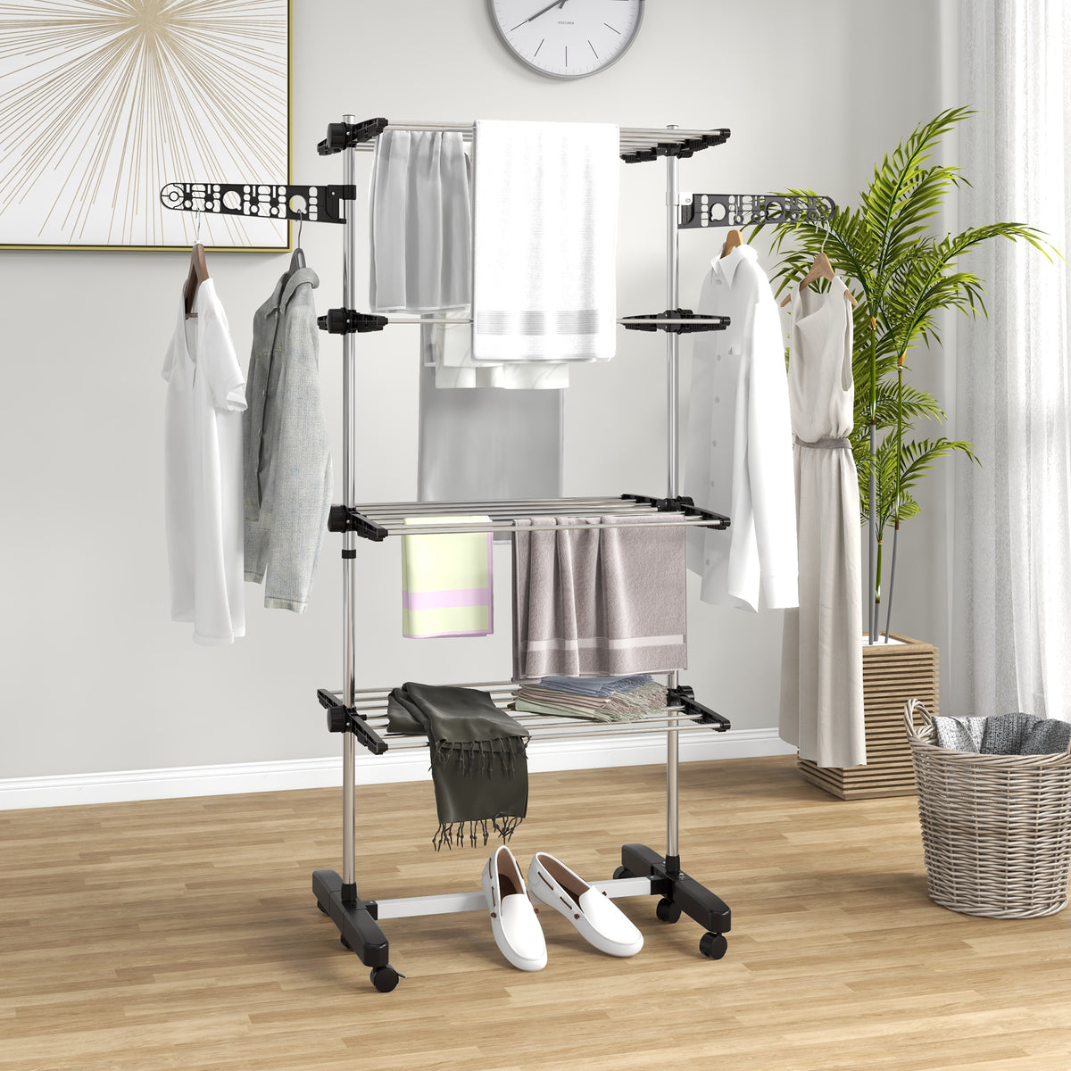 Séchoir à Linge étendoir pliable ailes latérales utilisation intérieur et extérieur 142 x 55 x 172 cm 4 niveaux noir-1