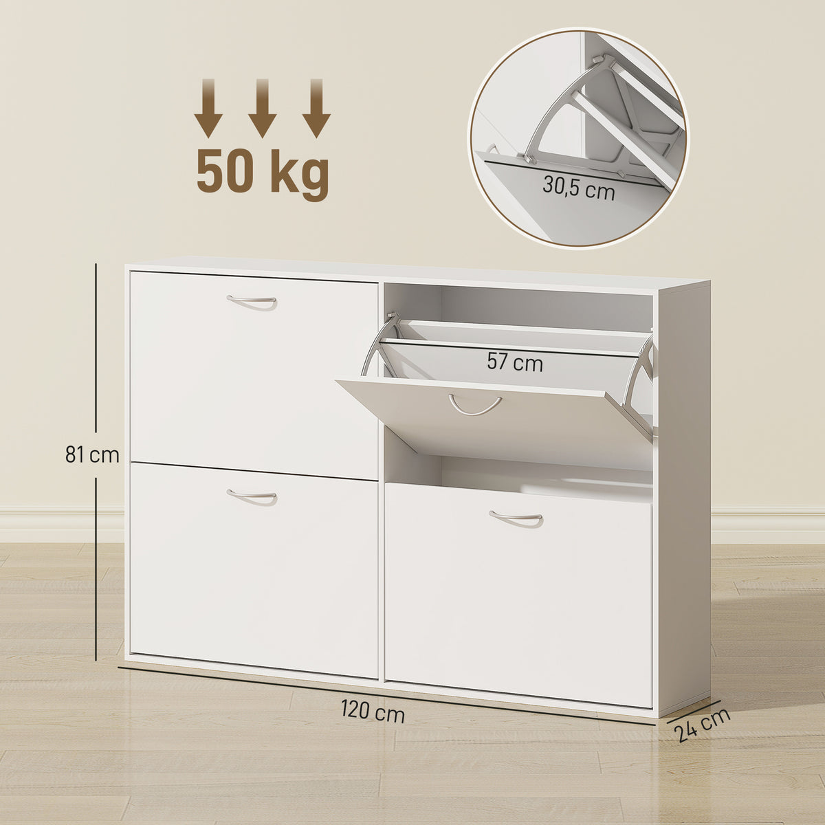 Armoire à Chaussures Meuble à Chaussures Grande Taille dim. 120L x 24l x 81H cm 4 Portes abattantes Double Niveau en Bois Blanc-2