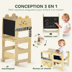 Tour d'Apprentissage Enfant 3 en 1, Tour d'Observation Enfant Pliable avec Tableau Noir, Motif Chat, Naturel-3