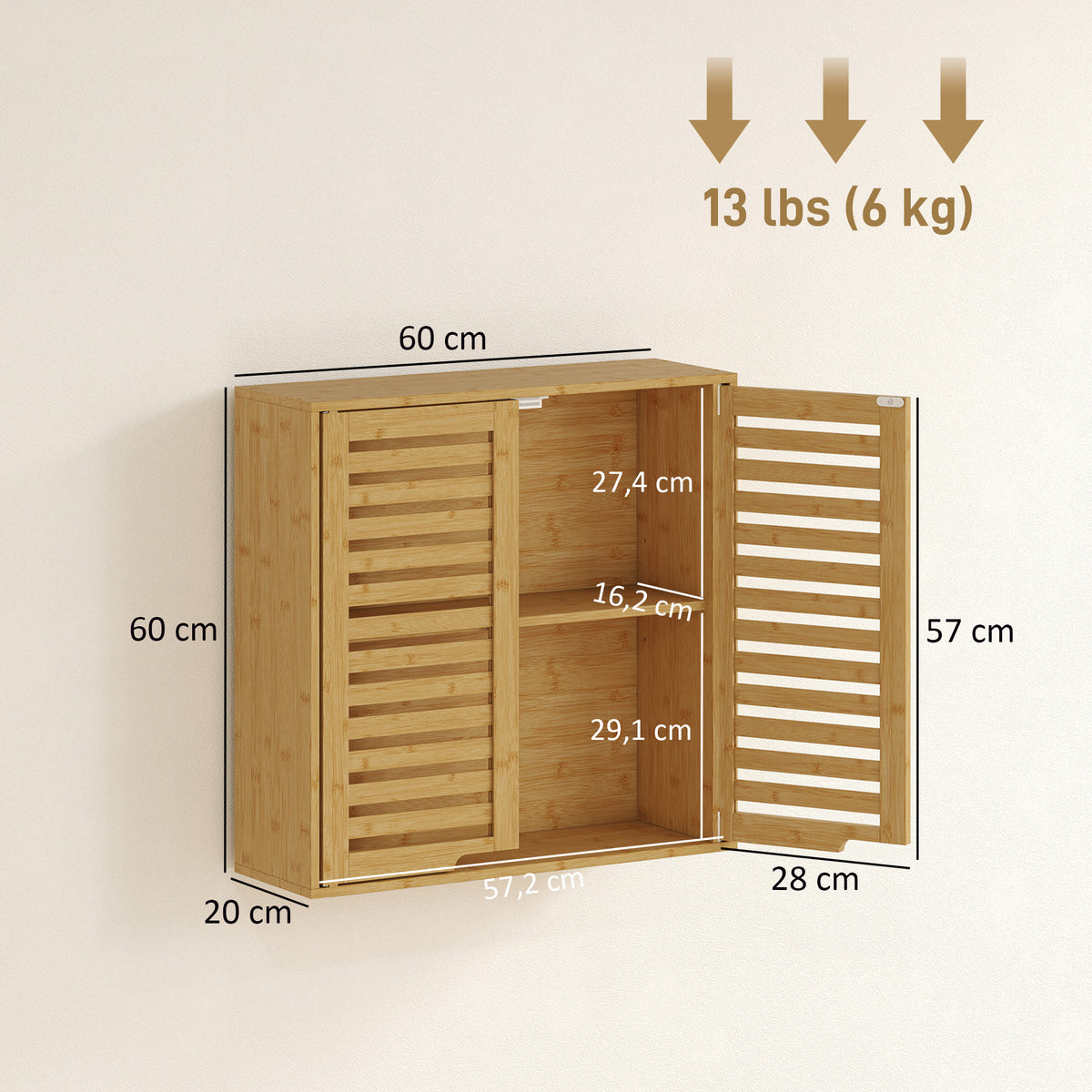 Armoire murale de salle de bain, meuble de rangement avec étagère réglable, en bambou 60 x 20 x 60 cm effet bois naturel-2