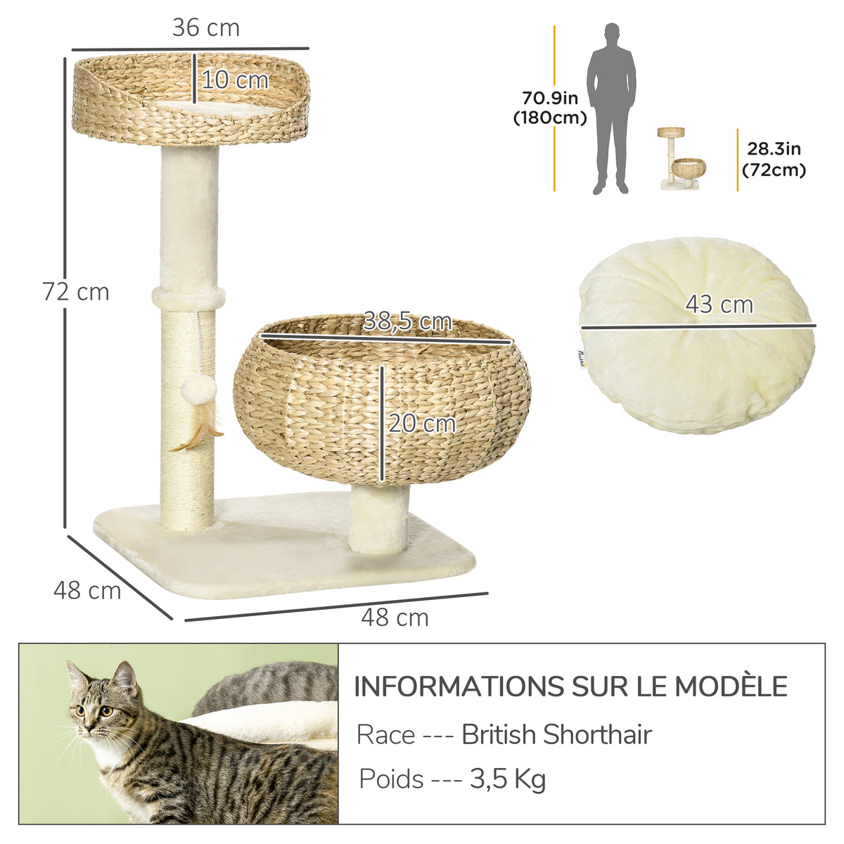 Arbre à chat griffoir 2 niveaux hauteur 72 cm poteau sisal avec niche et plateforme 1 balle suspendue-2