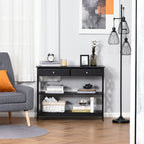 Table de console table d'entrée style table de drapier néo-rétro 2 tiroirs 2 étagères dim. 100L x 30,5l x 80H cm en bois noir-7
