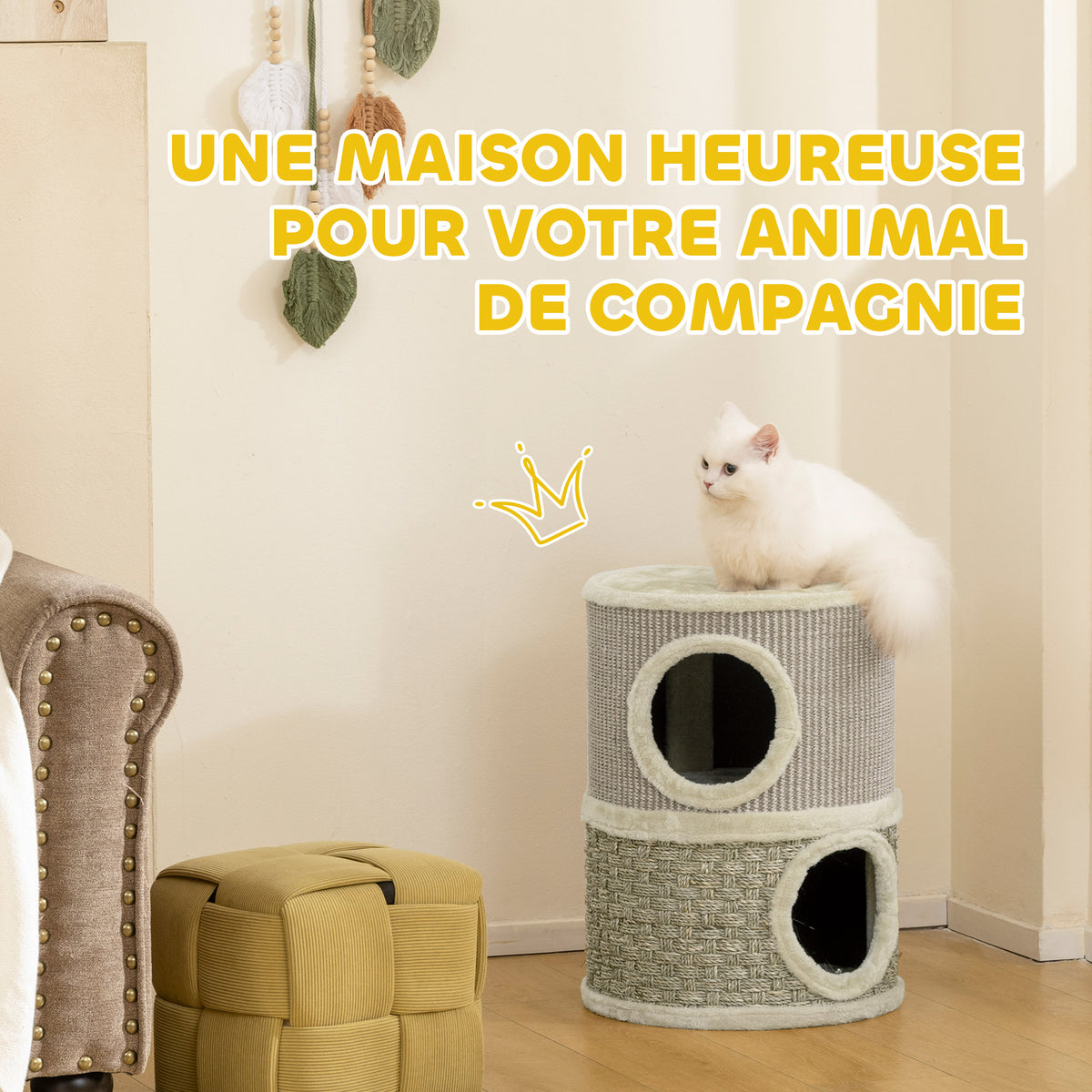 Tonneau à gratter pour chat arbre à chat sisal naturel et herbiers marins recouvert de peluche 35,5x35,5x49cm kaki café-3