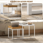 Lot de 2 tables basses gigognes carrées, tables gigognes de salon avec cadre en acier, style moderne, blanc-4
