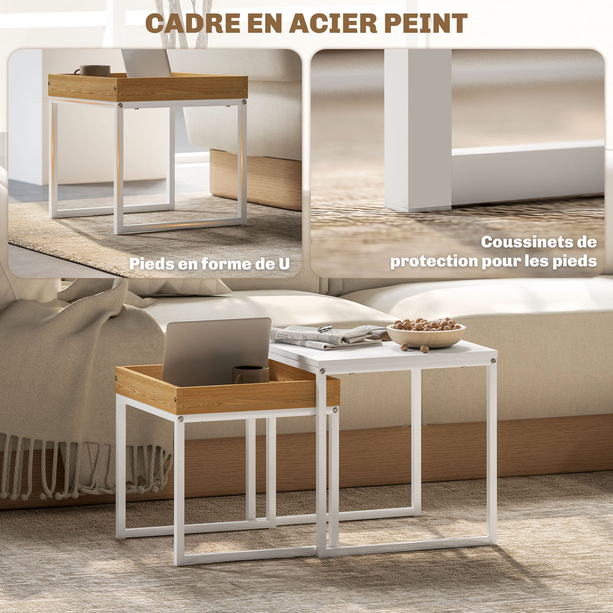Lot de 2 tables basses gigognes carrées, tables gigognes de salon avec cadre en acier, style moderne, blanc-4