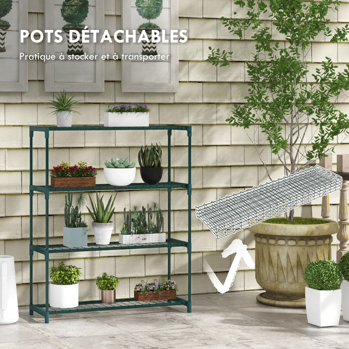 Étagère à fleurs supports porte plante 4 niveaux, intérieur et extérieur en acier, dim. 89L x 28l x 107H cm, vert-6