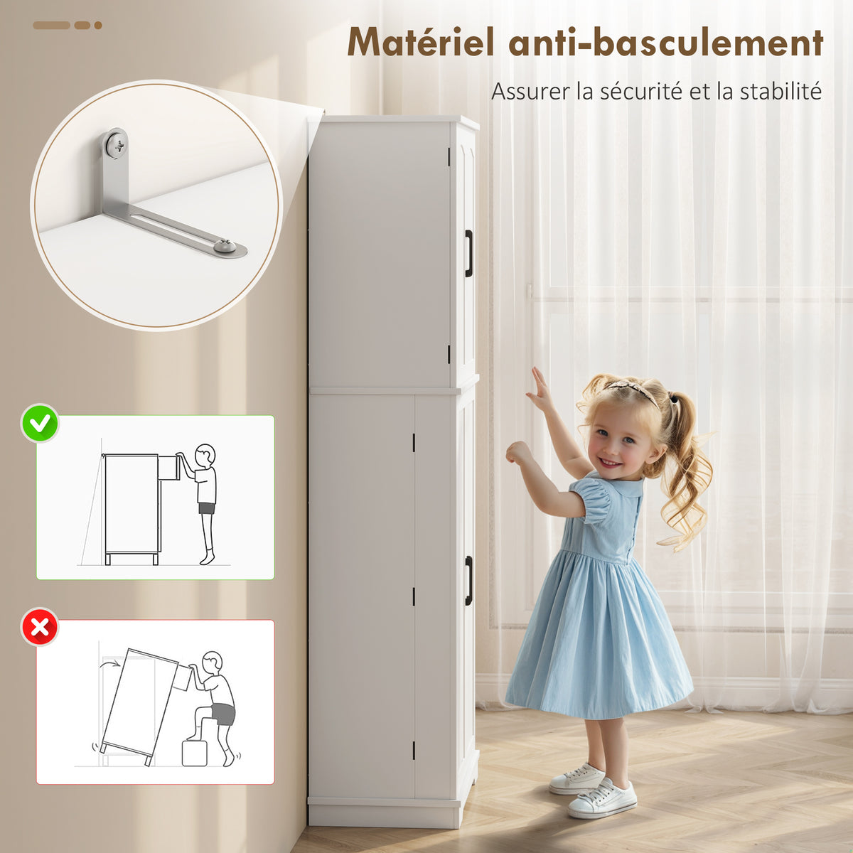 Buffet haut cuisine, armoire de cuisine, 4 portes, 10 niches, 8 porte-épices et étagères réglables, 60x35x162cm, blanc-6