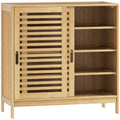 Meuble à chaussures en bambou 16 paires, armoire à chaussures, 2 portes coulissantes, étagères réglables, bois naturel-0