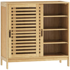 Meuble à chaussures en bambou 16 paires, armoire à chaussures, 2 portes coulissantes, étagères réglables, bois naturel-0