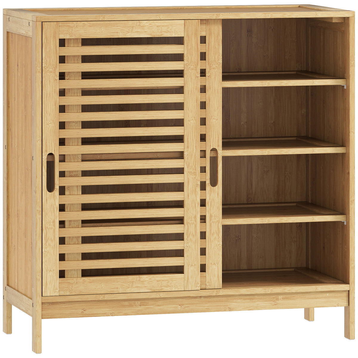 Meuble à chaussures en bambou 16 paires, armoire à chaussures, 2 portes coulissantes, étagères réglables, bois naturel-0